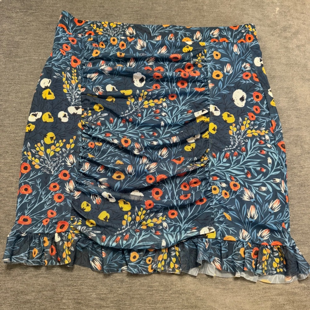 Free People Floral Mesh Ruched Mini Skirt‎ Blue Orange Ruffle Hem Size M